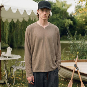 T-shirt décontracté à manches longues et col en V, couleur unie, coupe ample, pour hommes et femmes, collection Printemps-Automne 2026 - Product Image 2