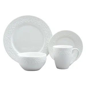 Hot Sale Cheap High Quality Fine Luxury Ceramic White Porcelain Embossed Dinnerware Set