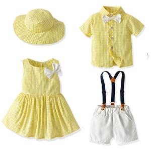 2020 été soeur <span class=keywords><strong>et</strong></span> <span class=keywords><strong>frère</strong></span> costume noeud papillon garçon à manches courtes chemise à carreaux short à bretelles bébé 2 costume - Product Image 2