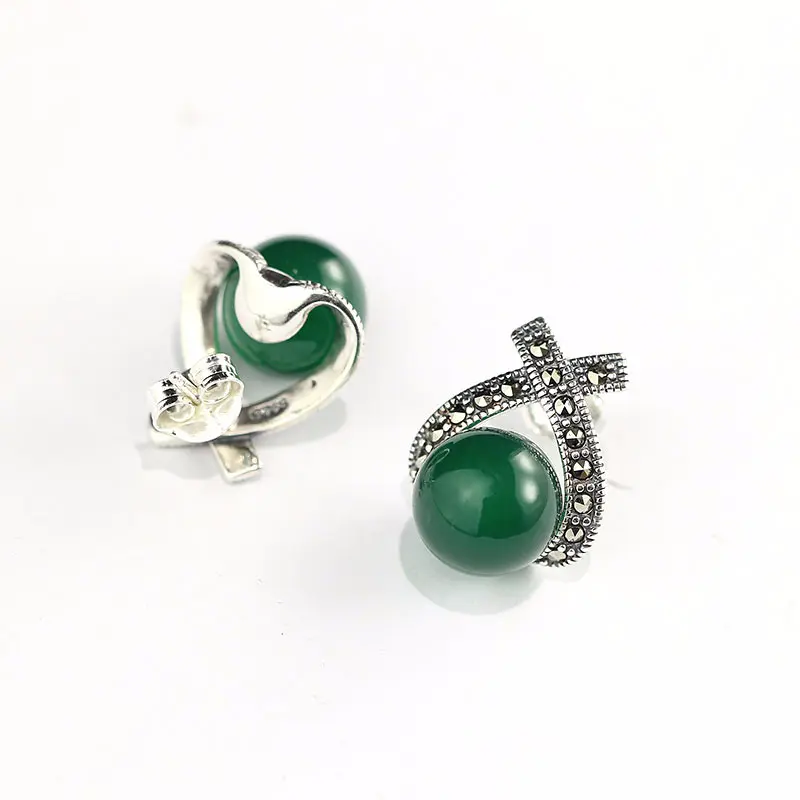 925 silver marcasite antique silver round jade earring