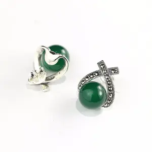 Boucle d'oreille vintage en pierre naturelle, 925 argent, jade rond et argenté