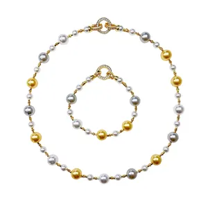 Conjunto de joias da moda feminina de venda quente gargantilha de pérolas colar e pulseira com pulseiras charme elegante