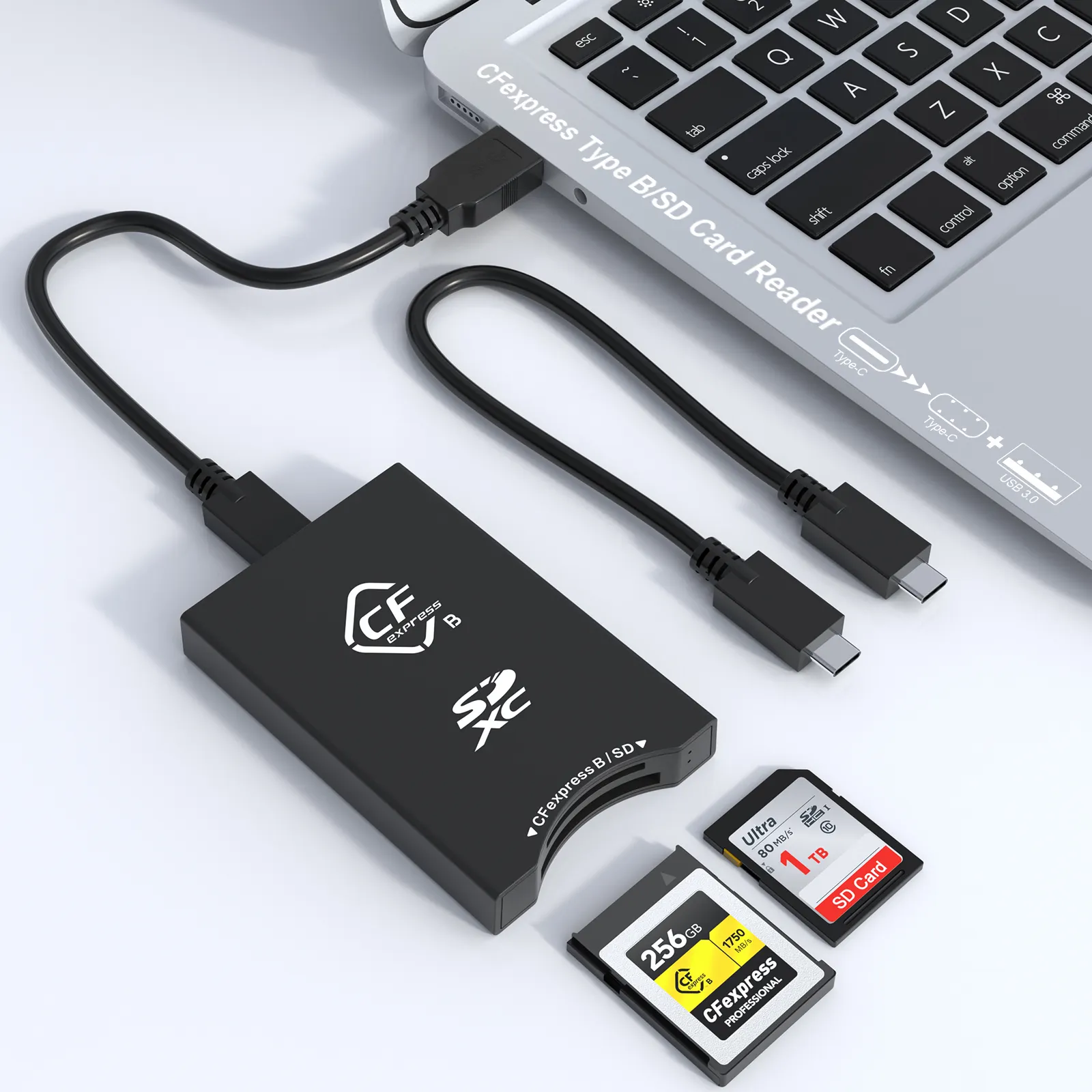 Adaptador de cartão de memória 2 em 1 USB3.2 10 Gbps CFexpress Tipo B Leitor de cartão para Fotógrafos