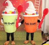 Costumes de mascotte en peluche personnalisés vert clair et orange en forme de coupe de crème glacée pour adultes, publicité extérieure