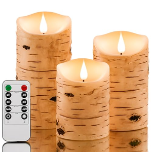Ensemble de bougies LED à effet flamme vacillante 3D à piles, effet écorce de bouleau en cire véritable, avec télécommande pour la décoration de la maison - Product Image 1
