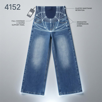 Jean en denim de maternité taille haute, coupe droite ample, décontracté, d'été, très extensible, respirant, délavé clair, avec soutien abdominal et tissage simple