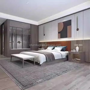 Economy Hotel Bedroom Sets <b>King</b> <b>Size</b> Wooden Base <b>Bed</b> <b>Frame</b> <b>with</b> <b>Headboard</b> Nightstand Ottoman Wardrobe for 3 Star Hotels Project - Product Image 1