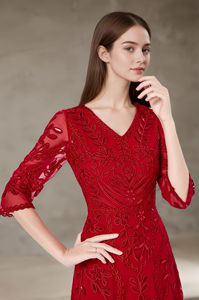 Kadınlar için L-5XL artı boyutu işlemeli dantel Midi elbise 3/4 kollu kokteyl elbisesi, Vintage V boyun resmi akşam parti kıyafeti L-5XL - Product Image 5