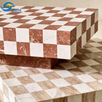 Table basse en marbre rouge sur mesure, motif damier, carrée, de luxe, en pierre, pour salon, avec socle