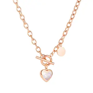 Love Heart Stainless Steel Necklace O-shape Chain T Buckle Round Sheet Pendant Necklace For Girls