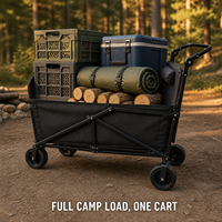 Chariot de camping familial pliable avec un grand espace de rangement, quatre roues, poignée réglable et mode repose-pieds