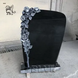 BLVE Black Color Headstone Vivid Looking Granite Flower Monument Large Simple Design Natural Stone Rose Tombstone