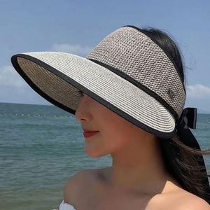 Custom Silk Screen Printing Logo Fashion Lady Beach Straw Visor Back with <b>Bow</b> <b>Big</b> Brim Promotional Seaside Hat - Product Image 6
