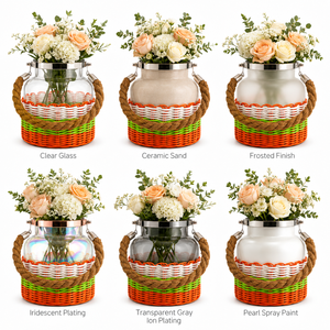 Vase à fleurs décoratif en verre transparent avec poignée en corde naturelle et base panier pour centre de table événementiel, vente au détail, cadeau, export - Product Image 4