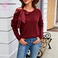 Suéter de Mujer Loveda al por Mayor con Logotipo Bordado Personalizado, Color Sólido, Holgado, con Cordones y Cuello de Lazo, Hombros Descubiertos