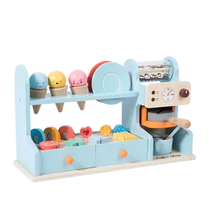 Blue Wooden Ice Cream& Coffee Counter Pretend Play Set Toddler Kitchen Accessories Wooden Toys for 3 4 5 6 Year Old Girl or Boy