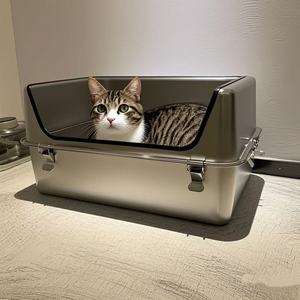 साइड डोर के साथ स्टेनलेस स्टील कैट लिटर बॉक्स, स्पलैश-प्रूफ अर्ध-संलग्न बिल्ली शौचालय, अतिरिक्त-बड़ी बिल्ली पोप और मूत्र कटोरा - Product Image 3