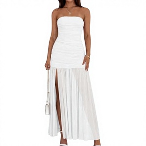 Vestido Maxi Blanco de Gasa sin Tirantes con Abertura Lateral, Elegante Vestido de Noche para Verano - Product Image 3