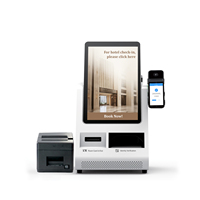 Kiosco de autoservicio para hoteles con dispensador de tarjetas de habitación, lector de códigos de barras y lector de pasaportes, con SDK para pagos en escritorio.