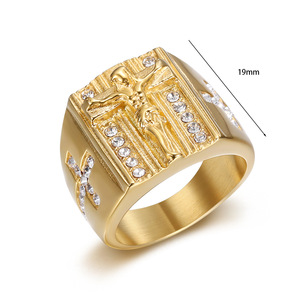 Bague Hip Hop pour Homme, style Signet, avec Croix Crucifix, motif Jésus, en Acier Inoxydable Plaqué Or 18K, entièrement sertie de Zircons, Cadeau - Product Image 6