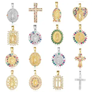 Wholesale Factory Price Cross Colored Zirconium Copper Zircon Necklace Religious Jewelry Virgin Mary Pendant