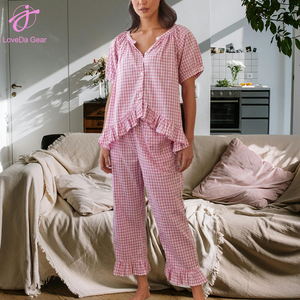 Loveda Wholesale New Arrival <strong>Women</strong> Summer <strong>Plaid</strong> Shirt and <strong>Trousers</strong> Suit Soft Casual Home Clothes - Product Image 1