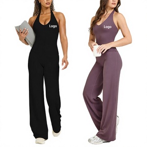 Custom V Neck Halter Yoga Set Seamless Workout Tank and Flare Pants Fitness Pilates Activewear - Product Image 4