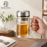 Bouteille en verre à double paroi cylindrique de 350 ml (11,8 oz) avec infuseur et couvercle en acier inoxydable, réutilisable, personnalisable avec logo, vente en gros (100 pièces)