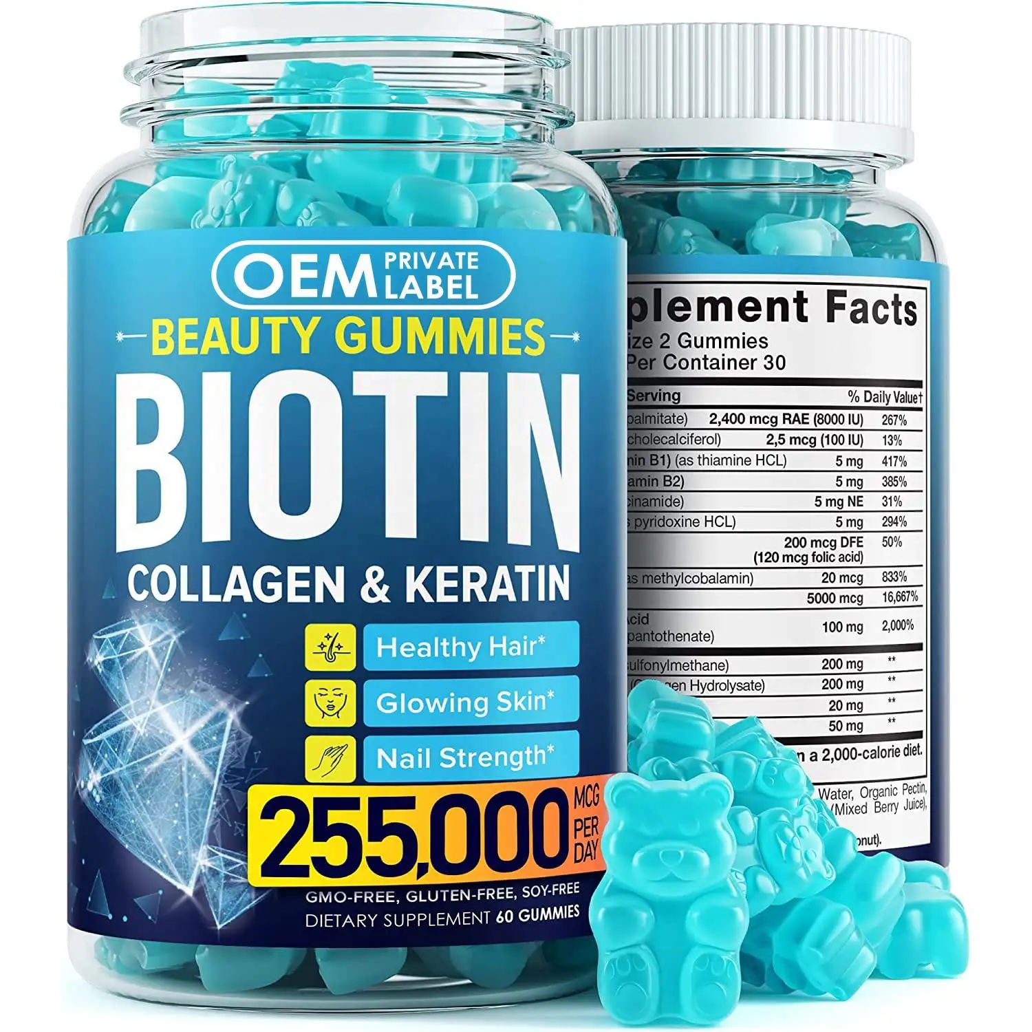 Oem nhãn hiệu riêng BIOTIN COLLAGEN KERATIN Gummies tăng trưởng tóc Vitamin Gummies gấu tăng cường tóc da móng tay