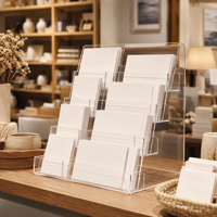 Présentoir à cartes postales en acrylique personnalisé, support de cartes transparent à niveaux, étagère de comptoir pour boutique de cadeaux avec panneau de base à logo OEM