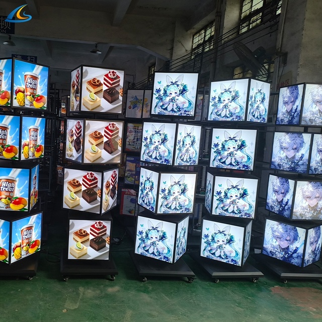 Custom Standing Menu Board Display Cube Acrylic Vertical Square Four Side 4-Layer Rotating Light Box
