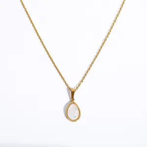 New Stainless Steel 18K Gold Plated Faux Resin Opal Water Drop Pendant Necklace Waterproof Jewelry