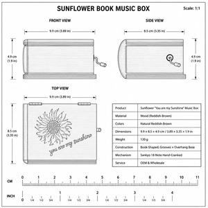 Caja de Música de Manivela Sankyo de 18 Notas, con Grabado de Girasol en Forma de Libro, Moderna, de Madera Marrón Rojizo, 'You Are My Sunshine', Regalo OEM - Product Image 2
