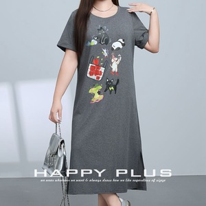 Runqi Vestido camisero holgado de longitud media para mujer, talla grande, color gris oscuro, cuello redondo, estampado de anime, diseño con abertura N9100 - Product Image 3