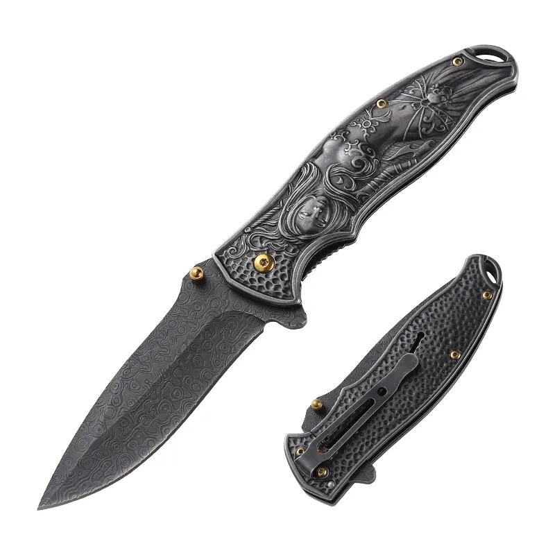 Factory Outdoor Survival Self Defense Camping Knife Ornamental Knife Portable Folding Outdoor Knife 3D Relief Goddess