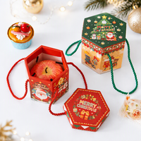 Boîte cadeau en papier de Noël personnalisée avec couvercle et base hexagonaux, avec corde de transport, pour bonbons aux pommes de la veille de Noël, emballages en papier pour les fêtes