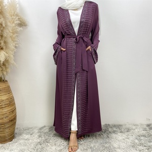 1421 # Nouvelle Abaya Ouverte Populaire pour Femme, Magnifiquement Brillante, Ornée de Strass, Couleur Unie, Avec Poches - Product Image 2