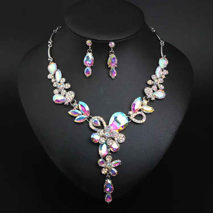 Qushine Colorful Flower Shape Necklace and Earring Bridal Jewelry Set for Wedding Crystal Jewellery Sets for women