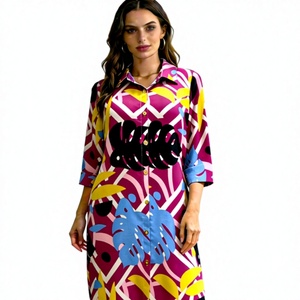 <span class=keywords><strong>2026</strong></span>新款女式衬衫连衣裙热带树叶印花长袖纽扣中长款缎面春秋夏透气优雅休闲 - Product Image 1