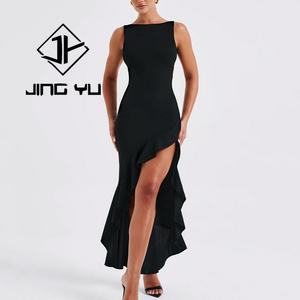 Summer Luxury Elegant Dress <b>Black</b> Double Frill Detail Slit Double Layer Ruffle <b>Skirt</b> OEM100% Rayon Voile <b>Maxi</b> Dress - Product Image 2