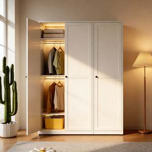Balom Classic White Lacquer <b>Wardrobe</b> <b>French</b> <b>Style</b> Solid Wood Bedroom Closet with Elegant Panel Design and Built in Storage - Product Image 5