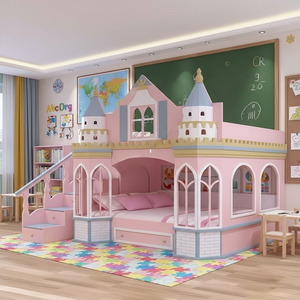 Роскошная розовая кровать-замок для девочек, двухъярусная кровать, комплект мебели для детской комнаты, на заказ, с большим шкафом-гардеробом и горкой - Product Image 1