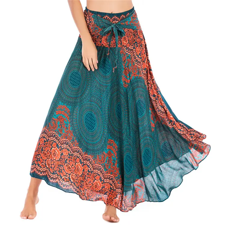 New Casual Dress Elastic Waist Floral Women Skirt Long Chiffon Ruffle Skirt Fashion Bohemian Flare Boho Long Maxi Skirt