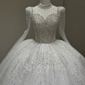 Lscm101 Elegant Silver Beaded Bridal Gown Illusion Long Sleeve Sparkly Tulle Ball Gown Princess <b>Wedding</b> Dress Jancember - Product Image 6