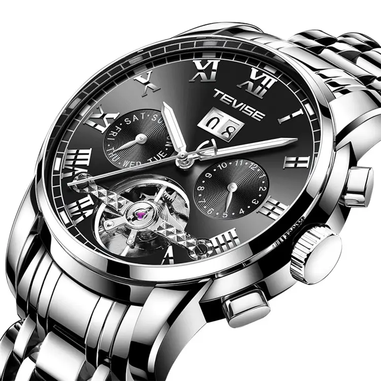 OEM Black Mens Watch 3 ATM Stainless Steel Back Watch Annual Calendar Moonphase Mechanical Tevise Reloj Tourbillon