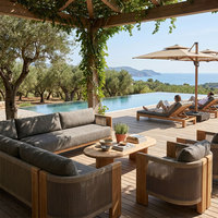 Ensemble de salon de jardin en teck moderne et biologique, résistant à l'eau, avec canapé de patio en corde d'olefine à assise profonde