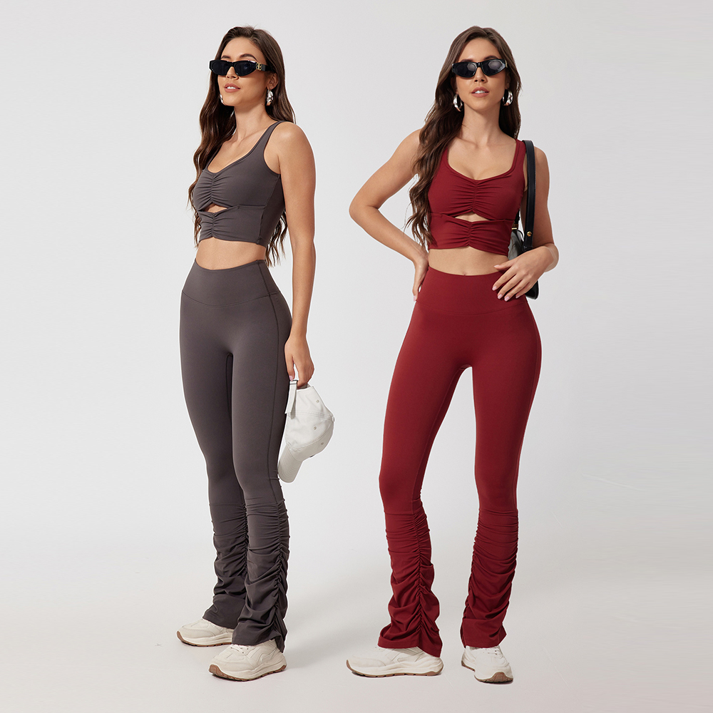 New Arrival Gym Custom Yoga Nylon Fitness Flare Yoga Pants Long Sleeve Sportswear Workout Sets For Women