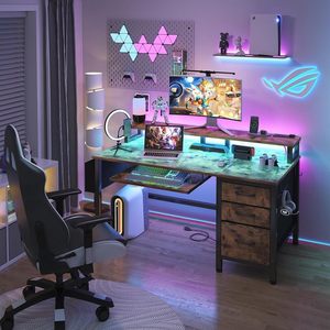 Bandeja de teclado marrón rústica para oficina en casa, cajones, soporte de Monitor de almacenamiento, tomas de corriente, archivador, escritorio de PC, escritorio de ordenador - Product Image 2