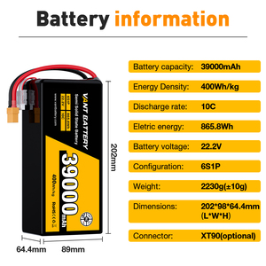 세미 솔리드 6S Lipo 배터리 22.2V 10C 39000mah 39ah 리튬 Fpv 배터리 고 에너지 밀도 <span class=keywords><strong>400wh</strong></span>/kg 대형 드론 EVS 용 - Product Image 3