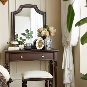 Coiffeuse avec miroir et tabouret de 80 cm en bois massif acajou, style vintage français, avec rangement pour chambre à coucher - Product Image 2